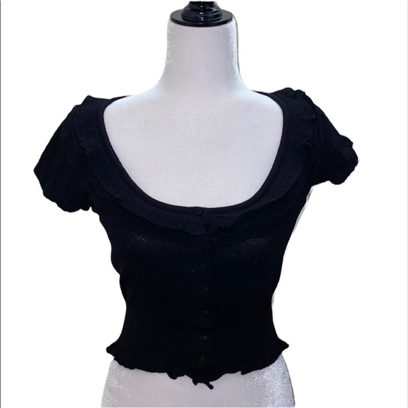 Bebe knit cropped shortsleeved button shirt blouse black dressy stylish shirt - Picture 1 of 11